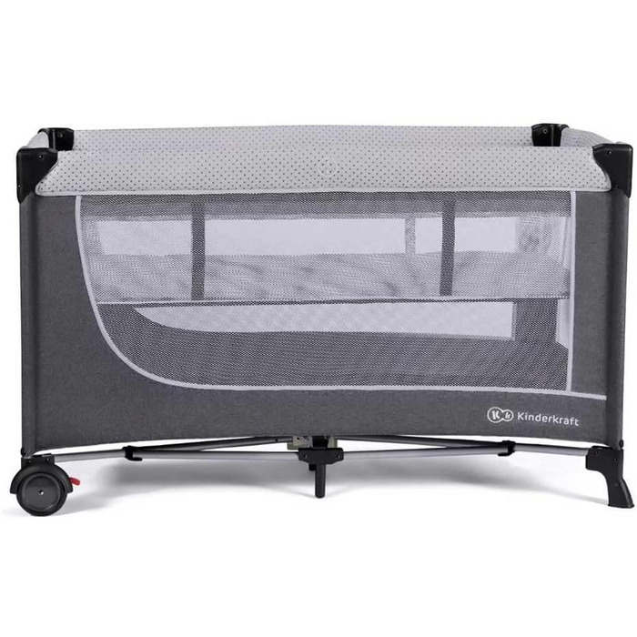 Дитяче ліжечко Kinderkraft LEODY зі спальним місцем 120 x 60 см, регульоване по висоті, з колесами, швидко та легко складається та розкладається, забезпечує циркуляцію повітря, легко транспортується з сумкою для перенесення, сірого кольору.