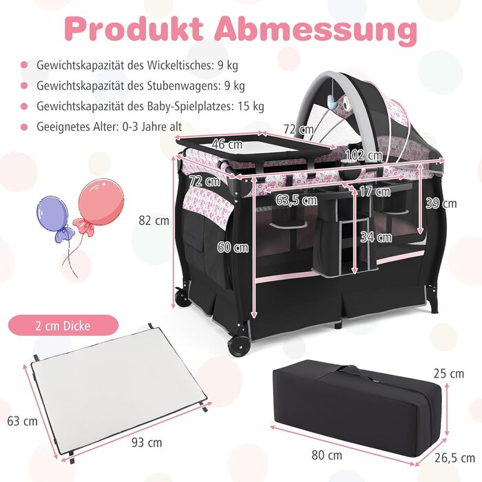 Дорожнє ліжечко COSTWAY 5 в 1 з матрацом, складне приліжкове ліжечко з регульованим балдахіном, дитяче ліжечко з пеленальний килимок, музичний мобіль та сумка для перенесення, дитяче дорожнє ліжечко до 15 кг (рожеві квіти)