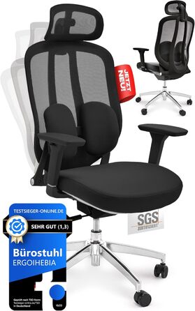 Ергономічне офісне крісло, переможець тесту, стілець для роботи регульована підтримка голови та попереку Ергономічне офісне крісло з підлокітниками Офісне крісло з колесами, зручне для спини, до 150 кг, чорний колір