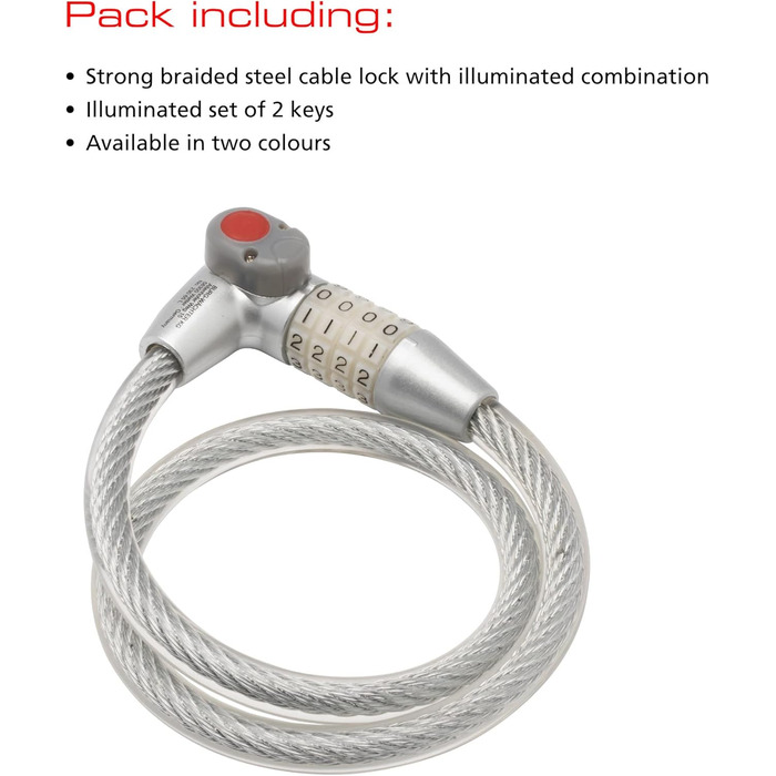 Велозамок Burg-Wchter спіральний з кодовим замком та підсвічуванням, модель 230 180 L з тримачем, захист від крадіжки, довжина 180 см, діаметр 12 мм, асортимент кольорів, довжина тримача 65 см