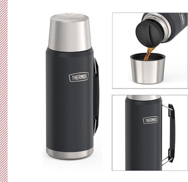 ТЕРМОС ICON ПЛЯШКА ДЛЯ НАПОЇВ 1,20 л, сірий/графітовий матовий, термос 1200 мл, ізольована пляшка з чашкою для пиття, термос з ручкою, зберігає напої гарячими/холодними протягом 24 годин, можна мити в посудомийній машині, герметичний, без BPA, 1200 мл, те