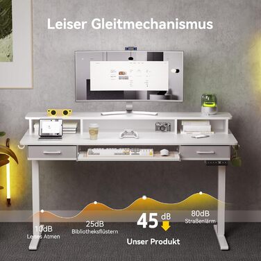 Електричний стіл з регульованою висотою та підставкою для клавіатури, 140x60 см, з 2 шухлядами, комп&39ютерний стіл з підставкою для монітора для домашнього офісу, білий, 140 x 60 см з підставкою для клавіатури