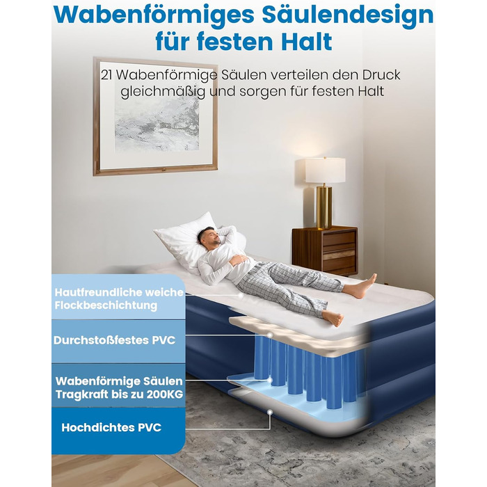 Самонадувальний надувний матрац, надувне ліжко для 1 особи, герметичне самонадувальне надувне ліжко з вбудованим насосом за 2 хвилини, надувний матрац для дому та гостьового ліжка 190x99x46 см, одномісний