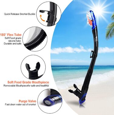 Набір для сухого підводного плавання, маска для підводного плавання Pano з 3 вікнами, окуляри для дайвінгу з захистом від запотівання та трубка, професійне спорядження для підводного плавання для дорослих, синій