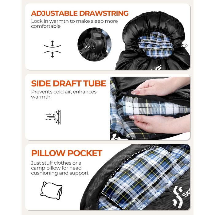 Спальний мішок Sportneer для активного відпочинку - Фланелевий зимовий спальний мішок 220 x 85 см, Компактний спальний мішок-ковдра на 3-4 сезони, Холодна погода, Зимовий кемпінг на свіжому повітрі, Чорний