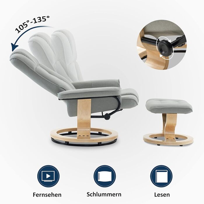 Крісло M MCombo Relax з підніжкою, крісло для телевізора з поворотом на 360 та функцією відкидання, крісло для телевізора вантажопідйомністю до 120 кг, сучасне крісло для вітальні, мікрофібра, 9019 (світло-сіра мікрофібра) Світло-сіра мікрофібра