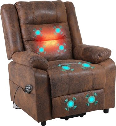 Електричне крісло-реклайнер, крісло для телевізора, масажне крісло з підйомником, підігрів, функція відкидання, флокована шкіра (коричневого кольору)