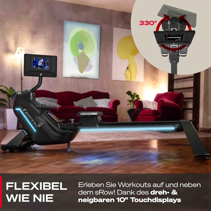 Гребний тренажер преміум-класу Sportstech sRow/10 дюймів/Lite для домашнього використання сенсорний дисплей/ручка - якісний німецький бренд - додаток з тренуваннями та курсами тренувань, складний гребний тренажер зі світлодіодною технологією, домашній спо