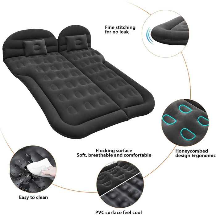 Надувний матрац для позашляховика, ліжко для подорожей в автомобілі, потовщений надувний матрац з флокуванням та ПВХ-поверхнею, для подорожей, походів, повнорозмірний надувний килимок для сну (чорний)