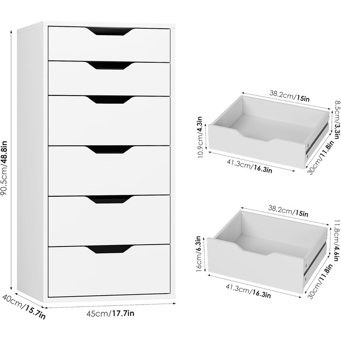 Комод з 6 шухлядами, вузький комод для спальні, вітальні, офісу, передпокою, 45x40x90,5 см, білий