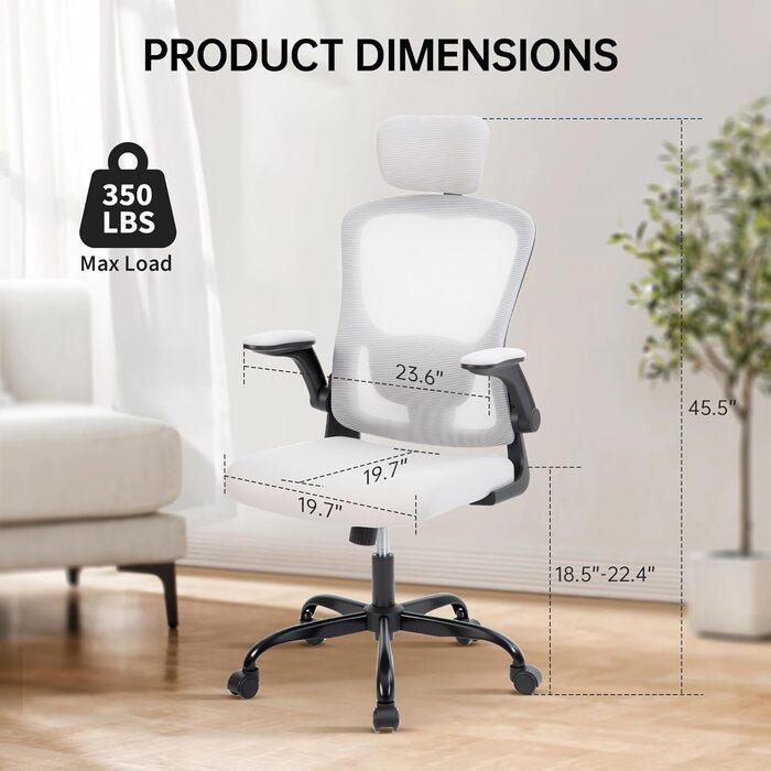 Ергономічне офісне крісло, регульована спинка з сітки з поперековою опорою та підголівником зручне обертове сидіння для дистанційної роботи/домашнього офісу (сталевий сірий легке складання за 10 хвилин)