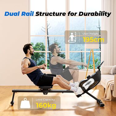 Складаний гребний тренажер ONETWOFIT для домашнього використання, степер для домашнього використання, 16 рівнів безшумного опору, фітнес-обладнання, крос-тренажер вантажопідйомністю 160 кг, сумісний із додатком, чорний