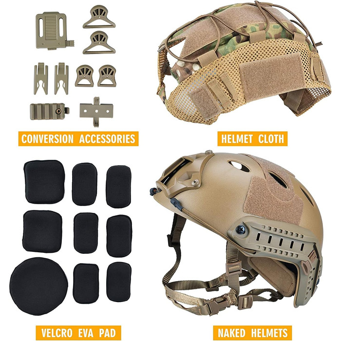 Тактичний шолом для пейнтболу з пневматичною зброєю та швидким захватом з чохлом, боковими рейками та кріпленням для ПНВ, використовується для спорту на свіжому повітрі, полювання та стрільби, захисне спорядження TAN 22&39-26&39