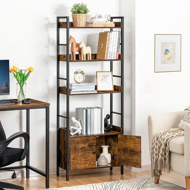 Книжкова полиця HOOBRO, книжкова шафа з дверцятами та полицею, полиця, стояча полиця, полиця для зберігання з 4 рівнями, промисловий дизайн, для вітальні, офісу, кухні, кабінету та коридору EBF46SJ01