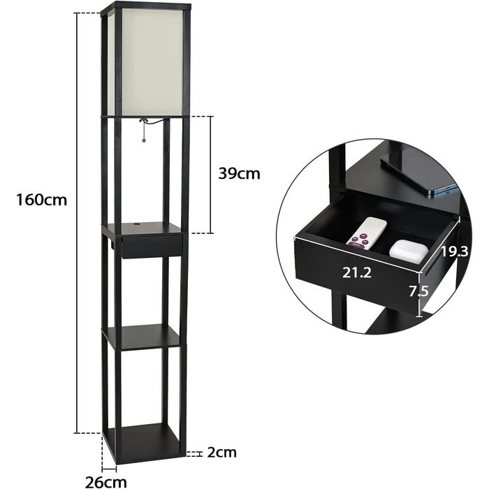 Торшер YU YUSING Дерев'яна полиця, торшер Вітальня LED з 3 дерев'яними полицями з цоколем E27 1,6 м Внутрішнє освітлення для спальні Whonzimmer Офіс (чорний з ящиком)