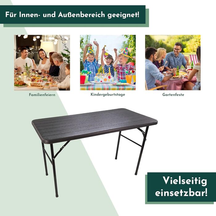 Розкладний стіл Lemodo зі стільницею під дерево, розкладний балконний стіл 120 x 60 см (Д x Ш), водонепроникний садовий стіл, чорний пластиковий стіл, балконний стіл до 6 осіб, розкладний стіл 120x60