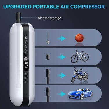 Повітряний насос CYCPLUS 150PSI Електричний компресор Портативний велосипедний насос Міні-насос для шин із цифровим світлодіодним дисплеєм Світлодіодне світло Акумуляторний літій-іонний акумулятор для всіх велосипедів, мотоциклів та автомобілів Білий