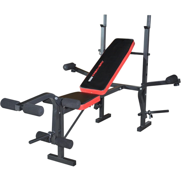Багатофункціональна складна лава TrainHard з кріпленнями для згинання ніг та &quotметеликом&quot, протестована та сертифікована відповідно до EN957 / додатково комплект штанги, що складається зі штанги та гантелей, лава штанга та гантелі 50 кг