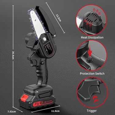 Акумуляторна бензопила, 4-дюймова міні-бензопила одноручна електрична бензопила ручна бензопила для садів Підходить для дерев, гілок лісу, 2 * 2000 мАг акумулятори