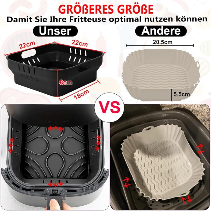 Силіконова форма 22 см для фритюрниці, аксесуари для фритюрниці 4 шт. Силіконова форма для випічки COSORI 5.5 л, Russell Hobbs 4L, Cecotec 6L, силіконова форма, силіконова вставка Аксесуари для фритюрниці Аксесуари для фритюрниці