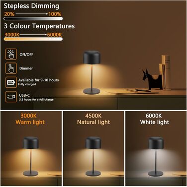 Світлодіодна акумуляторна маленька настільна лампа з можливістю затемнення бездротова 3000K-6000K для приміщень/на вулиці, IP54 ви