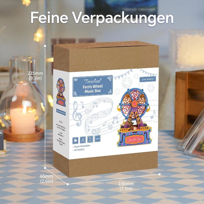 Музична скринька Tonecheer Дерев'яний 3D-пазл, набір моделей для сім'ї котів своїми руками для дорослих, обертова музична шкатулка, дерев'яна головоломка Подарунки для прикраси будинку Подарунок на день народження Різдвяні підлітки (колесо огляду)