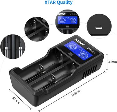 Зарядний пристрій XTAR VC2L USB C Оновлений зарядний пристрій 18650 Швидкий зарядний пристрій 2A 26650 Зарядний пристрій з РК-дисплеєм для батарейок AA AAA CD (VC2L)