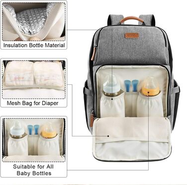 Пеленальний рюкзак Багатофункціональний великий місткий дитячий рюкзак для подорожей і 2 ремені для коляски на ходу 28 л сірий