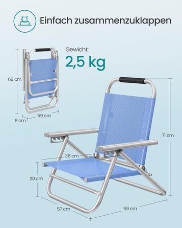 Пляжне крісло SONGMICS, портативне розкладне крісло, регульована спинка в 4 положеннях, з підлокітниками, дихаюче та зручне, вуличне крісло 1, синього кольору