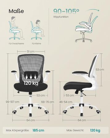 Ергономічне офісне крісло SONGMICS, обертове крісло з сіткою, поперекова підтримка, функція гойдання, розмір сидіння 53 см, складні підлокітники, для роботи та спальні, для студентів, чорно-біле OBN37WT чорний білий без підголівника