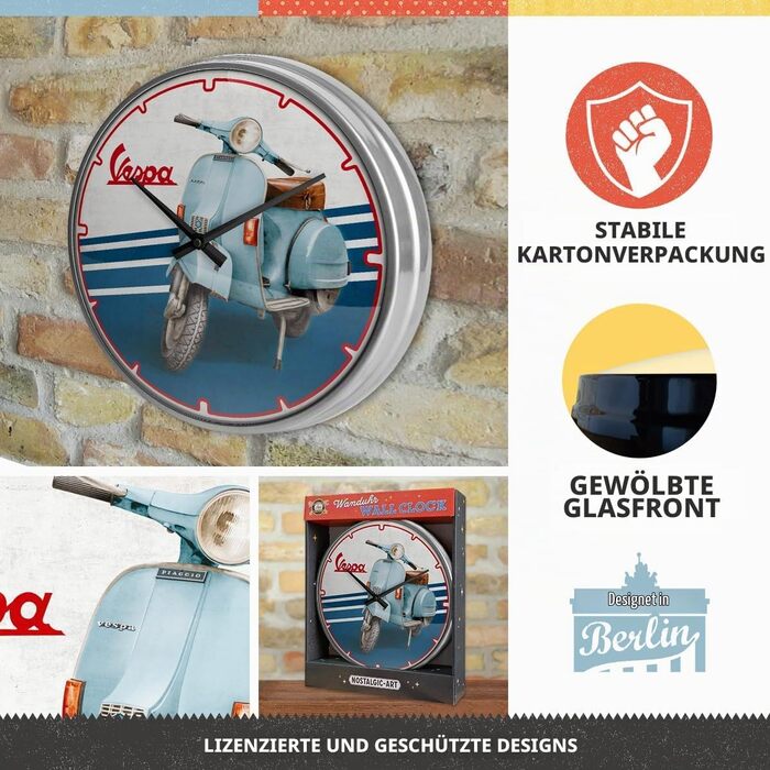 Ретро-настінний годинник Nostalgic-Art, Ø 31 см, Vespa Iconic Ідея подарунка для фанатів скутерів, оригінальний ліцензійний продукт (OLP), великий кухонний годинник у вінтажному дизайні