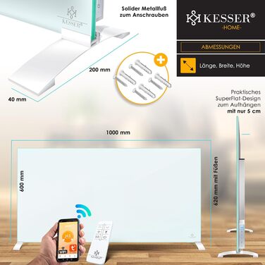 Інфрачервоний обігрівач KESSER 600 Вт, скляний конвектор, енергозберігаючий, 2-в-1, окремостоячий та настінний електричний обігрівач з датчиком відкритого вікна дистанційним керуванням та керуванням через додаток, термостат, нагрівальна панель 600 Вт, біл