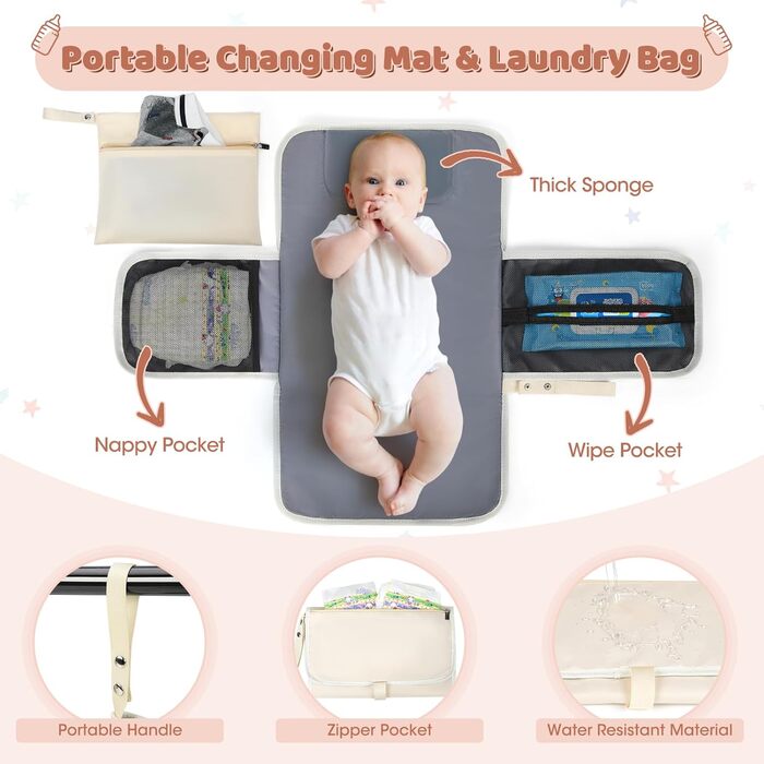 Великий пеленальний рюкзак з ременями для коляски та пеленальним килимком Сумка для пеленання Baby Bag Абрикосово-бежевий