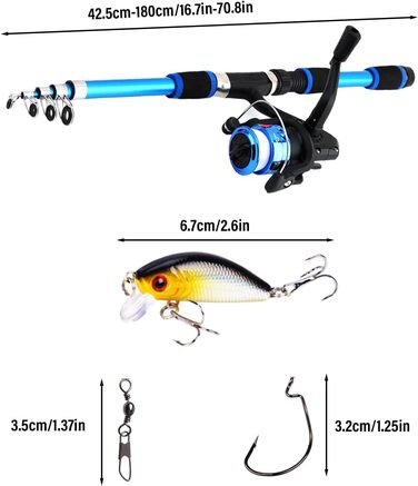 Рибальський набір 1,8 м для дітей, стартовий набір для дитячої риболовлі, вудка з вуглецевого волокна з котушкою, телескопічна вудка, котушка, рибальські аксесуари для дітей віком 3-10 років