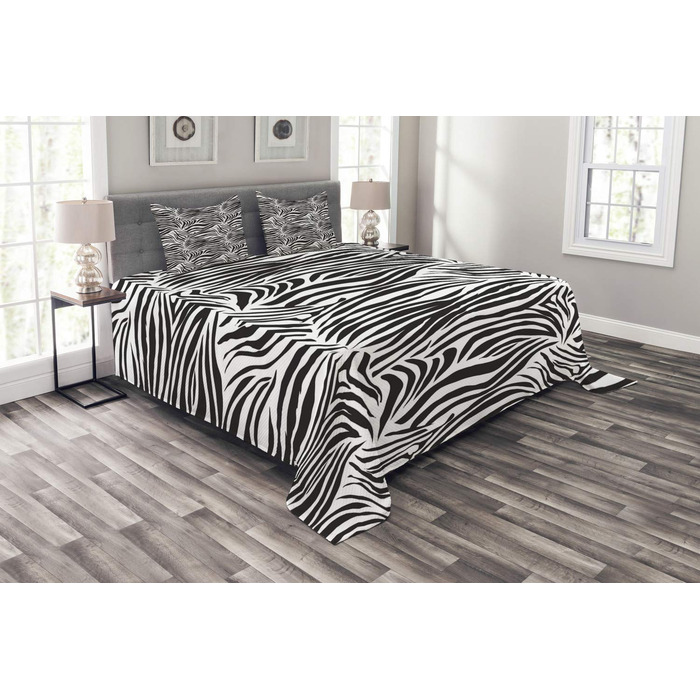 Комплект покривал із зебровим принтом, Дикі зеброві смужки, Комплект з наволочками, Яскраві кольори, для двоспальних ліжок 264 x 220 см, Білий Чорний