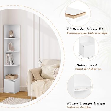 Кутова полиця WOLTU, книжкова шафа, окремостояча полиця, полиця для зберігання, полиця з дверцятами, з 5 полицями, виготовлена з інженерної деревини, для кабінету, спальні, вітальні, офісу, 29,5x158x29,5 см, білий, SK038ws