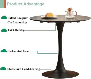 Чорний сучасний круглий обідній стіл, круглий стіл 80 см, круглий обідній стіл, підходить для 2-4 осіб, підходить для кухні, вітальні, їдальні, чорний, 8075 см, 80