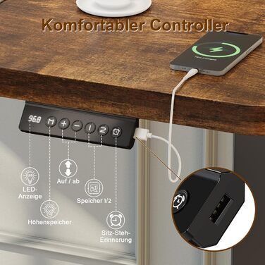 Електричний стіл з регульованою висотою та USB-портом для зарядки, стіл з регульованою висотою, ергономічний стіл для роботи сидячи та стоячи 120 x 60 см, коричневий