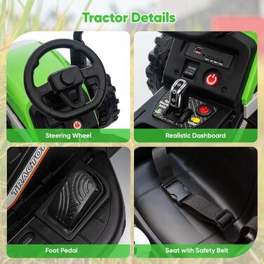 Дитячий електричний трактор, 12В 3-швидкісний трактор зі знімним причепом та пультом дистанційного керування 2.4G, дитячий електро