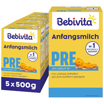 Молочна суміш для немовлят Bebivita PRE (5 x 500 г), з народження, містить лише лактозу як вуглевод, підходить для прикорму 500 г (5 упаковок)