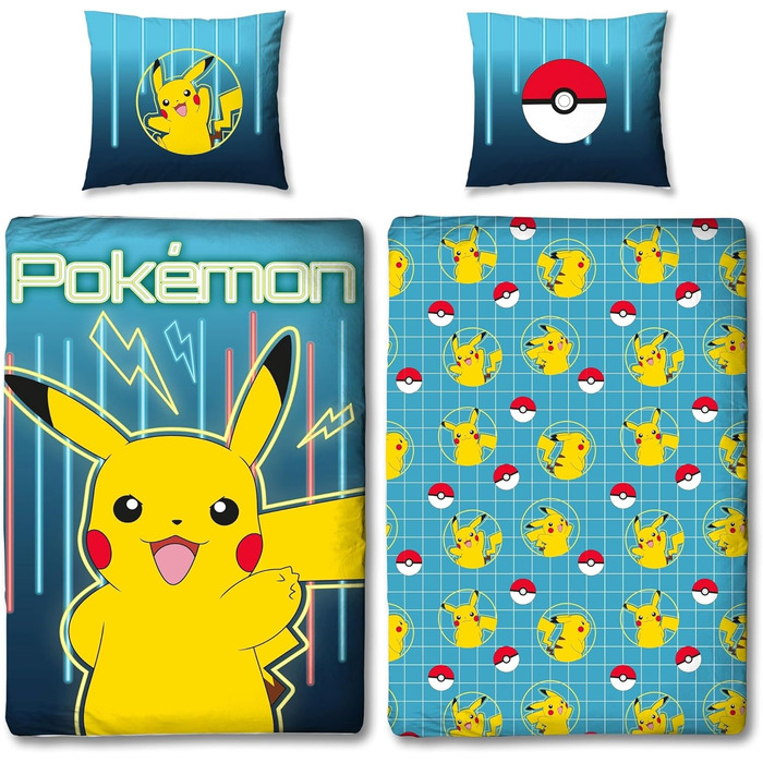 Комплект постільної білизни Pokemon 135x200 80x80 см - Дитяча постільна білизна Pokmon Pikachu з 100 бавовняного лінону - Синя пос