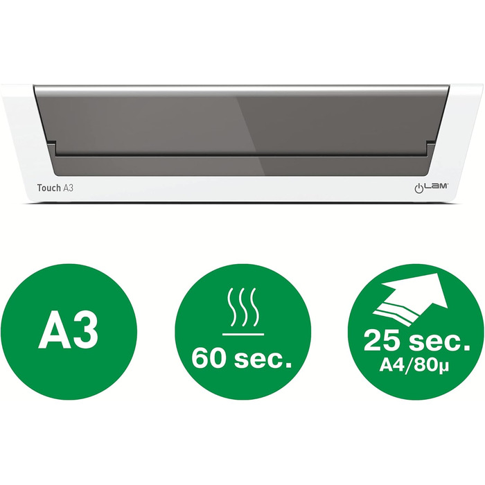 Ламінатор Leitz A3 Touch 2, повністю автоматичний високошвидкісний ламінатор преміум-класу для офісу та школи, для ламінувальних пакетів товщиною від 80 до 250 мікрон, включаючи стартовий комплект ламінувальних рукавів, iLam, 74744000