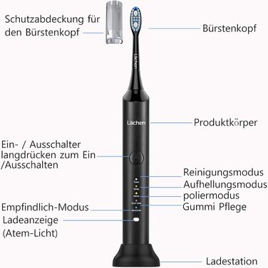 Електрична зубна щітка Lchen Звукова зубна щітка подвійна упаковка, 2 наконечники та 2 дорожні кейси, 5 режимів з 10 запасними насадками для щітки (біла та чорна)