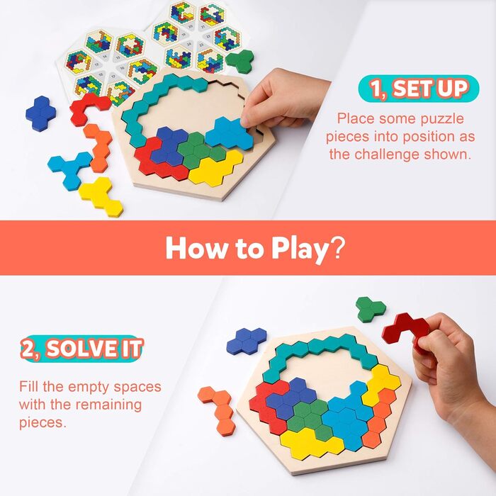Coogam Wooden Hexagon Puzzle - Shape Block Tangram Brain Teaser Toy Geometry Logic IQ Game STEM Montessori Education Gift for All