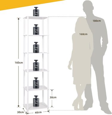 Полиця, книжкова шафа, 6 полиць Біла вузька багатоярусна висока окремостояча полиця, тонка кутова полиця, вінтажні відкриті полиці для спальні та вітальні, 160 x 40 x 30 см Біла 6 рівнів, 40 см (Ш)