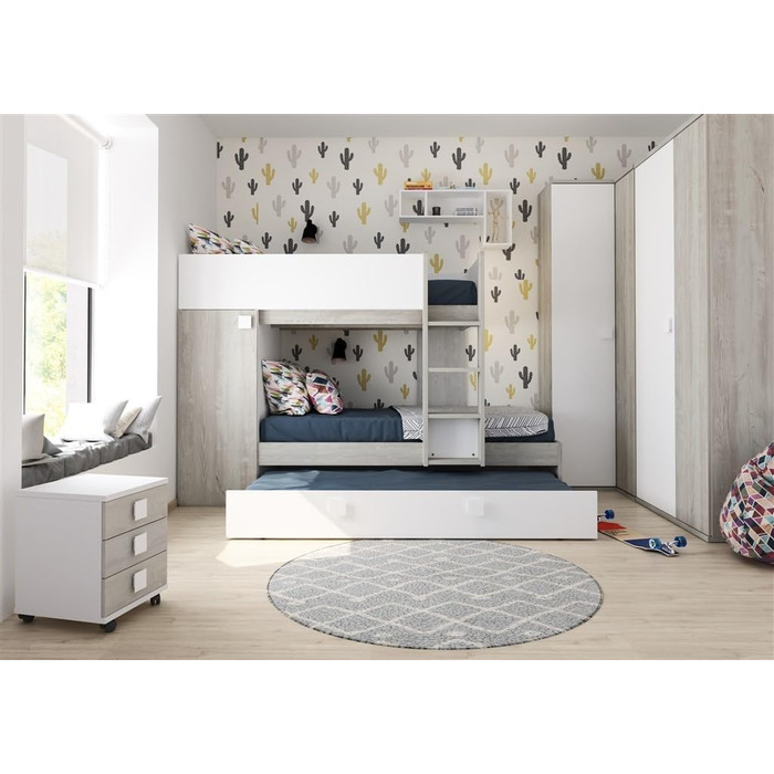 Двох'ярусне ліжко для двох дітей з висувним спальним місцем і шафою для одягу в білому кольорі