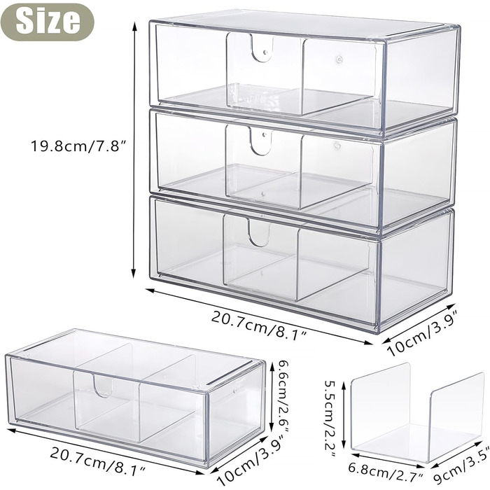 Акрилова коробка для зберігання з 3 шухляд, штабелюваний органайзер для косметики, прозора шухляда зі знімними роздільниками для ювелірних виробів, товарів для здоров&39я, кавових капсул, канцелярського приладдя