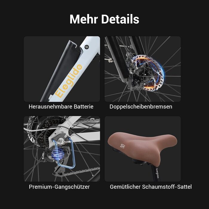 Електровелосипед Eleglide T1 Step-Thru, 27,5-дюймовий електричний трекінговий/міський велосипед з літій-іонним акумулятором 36 В 13 Аг (запас ходу до 100 км), двигун 250 Вт, відповідає вимогам ЄС із застосунком, РК-дисплей, білий