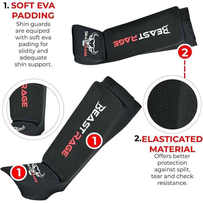 Щитки для гомілок BEAST RAGE для муай-тай, кікбоксингу, ММА, тхеквондо, боксу, бойових мистецтв, еластичні шкарпетки, м&39які захисні накладки для ніг та підйому стопи, щитки для гомілок, спорядження для розміру S, чорний/червоний