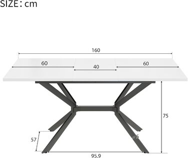 Розкладний обідній стіл Soweiz білий 120/160Д x 80Ш x 75В (см), чорні металеві ніжки, білий прямокутний обідній стіл, підходить для чотирьох-шести осіб, білий чорний 120/160Д x 80Ш x 75В (см)